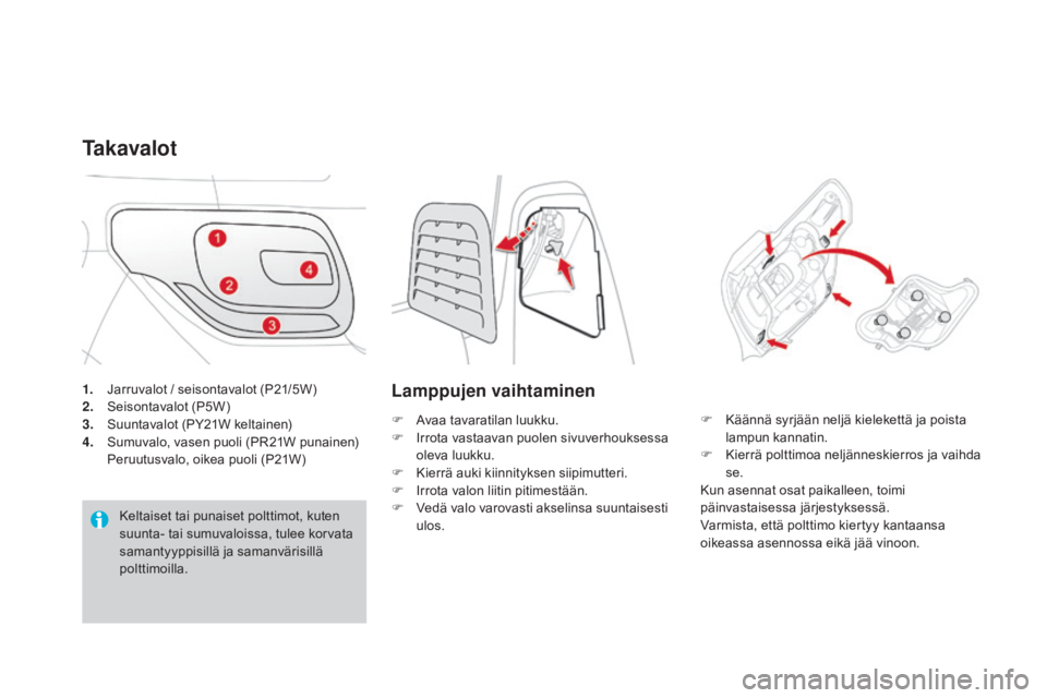 CITROEN DS3 2016 Omistajan Käsikirjat (in Finnish) DS3_fi_Chap08_info-pratiques_ed01-2015
1. Jarruvalot / seisontavalot (P21/5W)
2. Seisontavalot (P5W)
3.
S
uuntavalot (PY21W keltainen)
4.
S
umuvalo, vasen puoli (PR21W punainen)
Pe
ruutusvalo, CITROEN DS3 2016 Omistajan Käsikirjat (in Finnish) DS3_fi_Chap08_info-pratiques_ed01-2015
1. Jarruvalot / seisontavalot (P21/5W)
2. Seisontavalot (P5W)
3.
S
uuntavalot (PY21W keltainen)
4.
S
umuvalo, vasen puoli (PR21W punainen)
Pe
ruutusvalo,