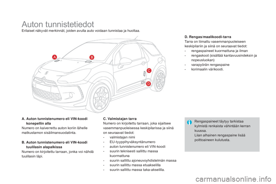 CITROEN DS3 2016 Omistajan Käsikirjat (in Finnish) DS3_fi_Chap10_caracteristiques_ed01-2015
Auton tunnistetiedotErilaiset näkyvät merkinnät, joiden avulla auto voidaan tunnistaa ja huoltaa.
A.
A
uton tunnistenumero eli VI
n-
koodi
konepellin a CITROEN DS3 2016 Omistajan Käsikirjat (in Finnish) DS3_fi_Chap10_caracteristiques_ed01-2015
Auton tunnistetiedotErilaiset näkyvät merkinnät, joiden avulla auto voidaan tunnistaa ja huoltaa.
A.
A
uton tunnistenumero eli VI
n-
koodi
konepellin a