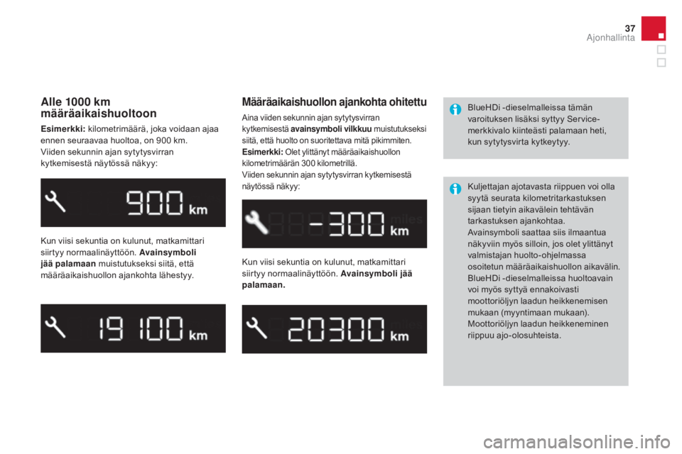 CITROEN DS3 2016 Omistajan Käsikirjat (in Finnish) 37
DS3_fi_Chap01_controle-de-marche_ed01-2015
Alle 1000 km
määräaikaishuoltoon
Esimerkki: kilometrimäärä, joka voidaan ajaa
ennen seuraavaa huoltoa, on 900 km.
Viiden sekunnin ajan sytytysvirr CITROEN DS3 2016 Omistajan Käsikirjat (in Finnish) 37
DS3_fi_Chap01_controle-de-marche_ed01-2015
Alle 1000 km
määräaikaishuoltoon
Esimerkki: kilometrimäärä, joka voidaan ajaa
ennen seuraavaa huoltoa, on 900 km.
Viiden sekunnin ajan sytytysvirr