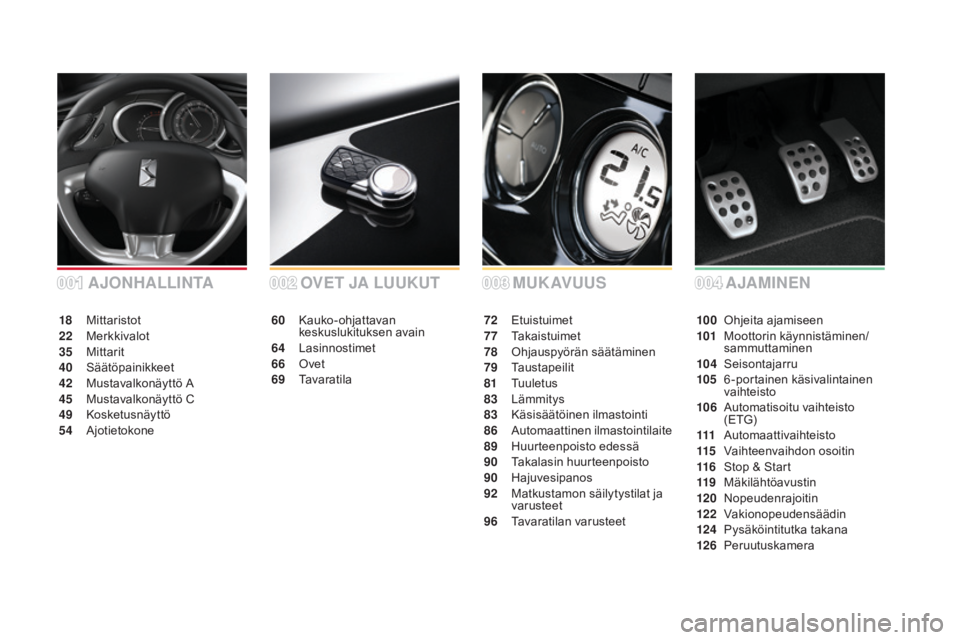 CITROEN DS3 2016 Omistajan Käsikirjat (in Finnish) DS3_fi_Chap00a_sommaire_ed01-2015
MUKAVUUSoV
ET
jA L
UUKUT
60 Kauko-ohjattavan
keskuslukituksen avain
64
L
asinnostimet
66
O
vet
69
T
avaratila 72 E
tuistuimet
77 T akaistuimet
78
O
hjauspy CITROEN DS3 2016 Omistajan Käsikirjat (in Finnish) DS3_fi_Chap00a_sommaire_ed01-2015
MUKAVUUSoV
ET
jA L
UUKUT
60 Kauko-ohjattavan
keskuslukituksen avain
64
L
asinnostimet
66
O
vet
69
T
avaratila 72 E
tuistuimet
77 T akaistuimet
78
O
hjauspy