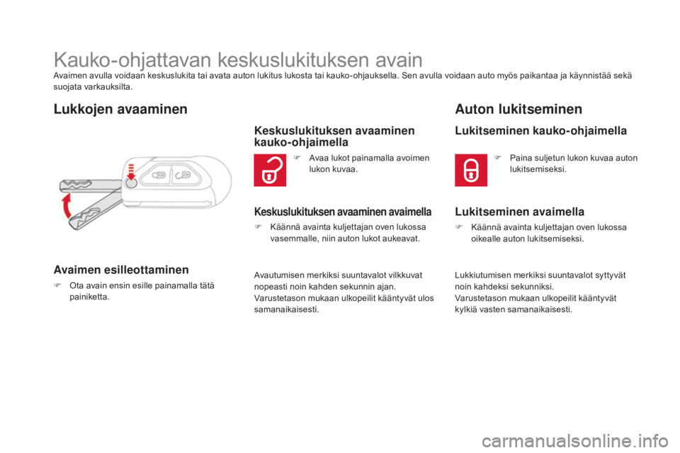 CITROEN DS3 2016 Omistajan Käsikirjat (in Finnish) DS3_fi_Chap02_ouvertures_ed01-2015
Kauko-ohjattavan keskuslukituksen avainAvaimen avulla voidaan keskuslukita tai avata auton lukitus lukosta tai kauko-ohjauksella. Sen avulla voidaan auto myös paika CITROEN DS3 2016 Omistajan Käsikirjat (in Finnish) DS3_fi_Chap02_ouvertures_ed01-2015
Kauko-ohjattavan keskuslukituksen avainAvaimen avulla voidaan keskuslukita tai avata auton lukitus lukosta tai kauko-ohjauksella. Sen avulla voidaan auto myös paika