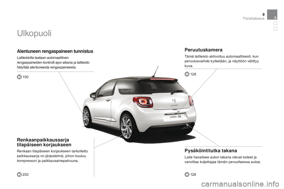 CITROEN DS3 2015  Omistajan Käsikirjat (in Finnish) 9
DS3_fi_Chap00b_vue-ensemble_ed01-2014
Alentuneen rengaspaineen tunnistus
Laitteistolla taataan automaattinen 
rengaspaineiden kontrolli ajon aikana ja laitteisto 
hälyttää alentuneesta rengaspain