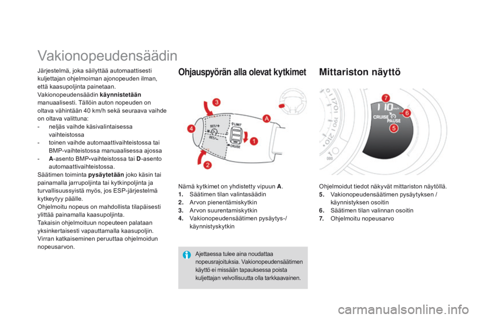 CITROEN DS3 2015 Omistajan Käsikirjat (in Finnish) DS3_fi_Chap06_conduite_ed01-2014
Vakionopeudensäädin
Järjestelmä, joka säilyttää automaattisesti
kuljettajan ohjelmoiman ajonopeuden ilman,
että kaasupoljinta painetaan.
Vakionopeudensäädi CITROEN DS3 2015 Omistajan Käsikirjat (in Finnish) DS3_fi_Chap06_conduite_ed01-2014
Vakionopeudensäädin
Järjestelmä, joka säilyttää automaattisesti
kuljettajan ohjelmoiman ajonopeuden ilman,
että kaasupoljinta painetaan.
Vakionopeudensäädi