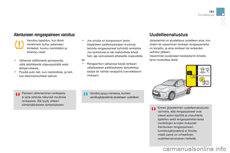 CITROEN DS3 2015  Omistajan Käsikirjat (in Finnish) 151
DS3_fi_Chap08_securite_ed01-2014
Varoitus pysyy voimassa, kunnes 
varoitusjärjestelmä alustetaan uudelleen.
Paineen väheneminen renkaasta 
ei aina aiheuta näkyvää muutosta 
renkaassa. Älä 