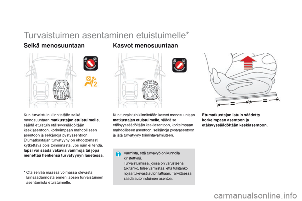 CITROEN DS3 2015  Omistajan Käsikirjat (in Finnish) DS3_fi_Chap09_securite-enfants_ed01-2014
Turvaistuimen asentaminen etuistuimelle*
Selkä menosuuntaan Kasvot menosuuntaan
Etumatkustajan istuin säädetty 
korkeimpaan asentoon ja 
etäisyyssäädölt