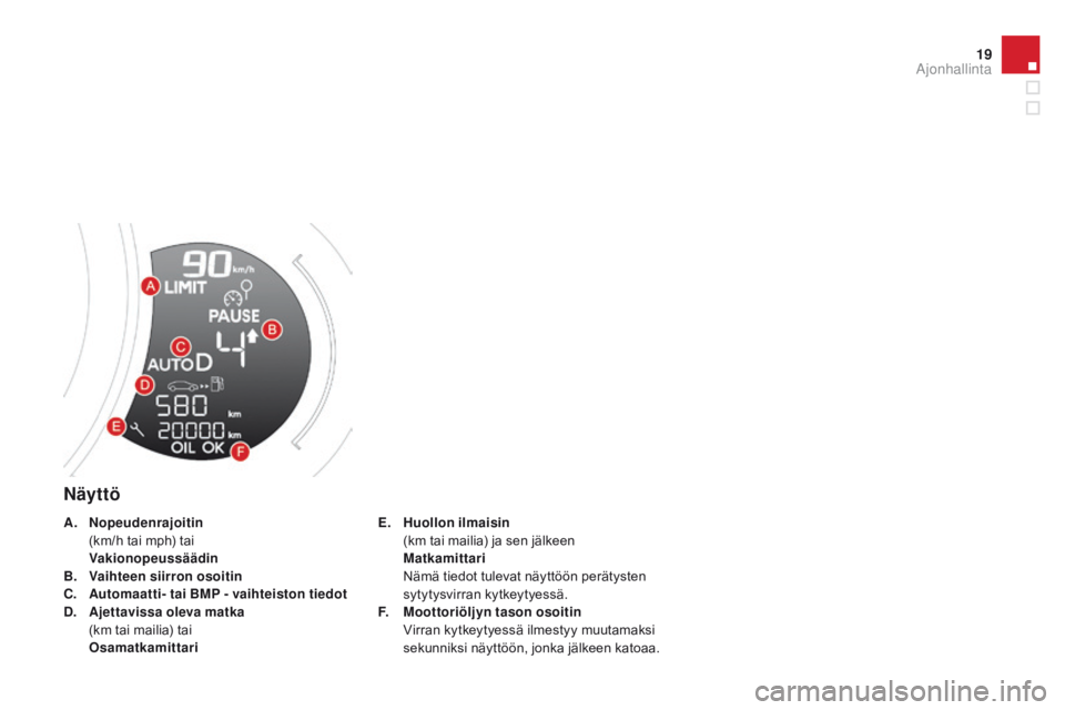 CITROEN DS3 2015  Omistajan Käsikirjat (in Finnish) 19
DS3_fi_Chap01_controle-de-marche_ed01-2014
Näyttö
E. Huollon ilmaisin  (
km tai mailia) ja sen jälkeen 
 M

atkamittari  
 N

ämä tiedot tulevat näyttöön perätysten 
sytytysvirran kytkeyty