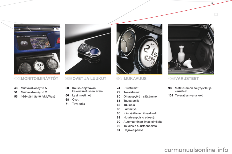 CITROEN DS3 2015  Omistajan Käsikirjat (in Finnish) DS3_fi_Chap00a_sommaire_ed01-2014
MONITOIMINÄYTÖTMUKAVUUS
OVET JA LUUKUT
48 Mustavalkonäyttö A
51
 M

ustavalkonäyttö C
55
 1

6/9-värinäyttö (eMyWay) 60 K
auko-ohjattavan 
keskuslukituksen a