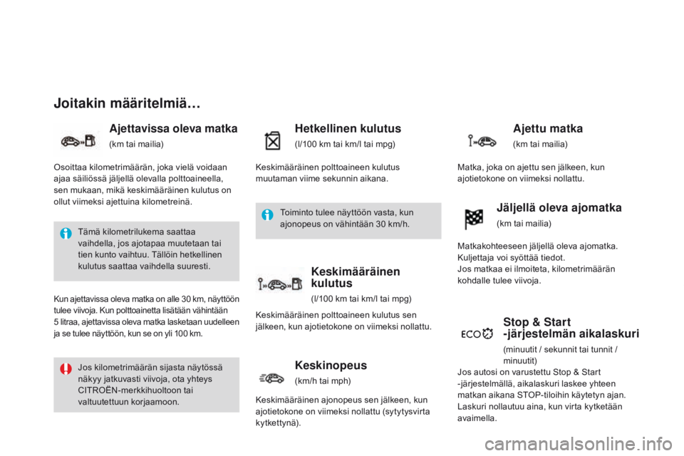 CITROEN DS3 2015 Omistajan Käsikirjat (in Finnish) DS3_fi_Chap01_controle-de-marche_ed01-2014
Joitakin määritelmiä…
Ajettavissa oleva matka
(km tai mailia)
Hetkellinen kulutus
(l/100 km tai km/l tai mpg)
Stop & Start
-järjestelmän aikalaskuri
CITROEN DS3 2015 Omistajan Käsikirjat (in Finnish) DS3_fi_Chap01_controle-de-marche_ed01-2014
Joitakin määritelmiä…
Ajettavissa oleva matka
(km tai mailia)
Hetkellinen kulutus
(l/100 km tai km/l tai mpg)
Stop & Start
-järjestelmän aikalaskuri