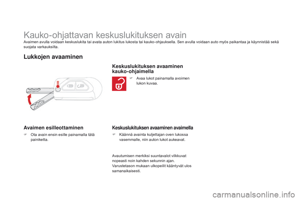 CITROEN DS3 2015 Omistajan Käsikirjat (in Finnish) DS3_fi_Chap03_ouvertures_ed01-2014
Kauko-ohjattavan keskuslukituksen avainAvaimen avulla voidaan keskuslukita tai avata auton lukitus lukosta tai kauko-ohjauksella. Sen avulla voidaan auto myös paika CITROEN DS3 2015 Omistajan Käsikirjat (in Finnish) DS3_fi_Chap03_ouvertures_ed01-2014
Kauko-ohjattavan keskuslukituksen avainAvaimen avulla voidaan keskuslukita tai avata auton lukitus lukosta tai kauko-ohjauksella. Sen avulla voidaan auto myös paika