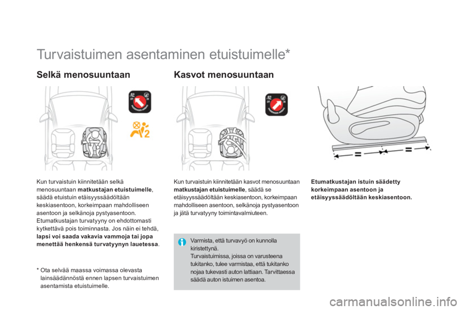CITROEN DS3 2014 Omistajan Käsikirjat (in Finnish)
Turvaistuimen asentaminen etuistuimelle *
Selkä menosuuntaan
Kasvot menosuuntaan
Etumatkustajan istuin säädettykorkeimpaan asentoon jaetäisyyssäädöltään keskiasentoon.
CITROEN DS3 2014 Omistajan Käsikirjat (in Finnish)
Turvaistuimen asentaminen etuistuimelle *
Selkä menosuuntaan
Kasvot menosuuntaan
Etumatkustajan istuin säädettykorkeimpaan asentoon jaetäisyyssäädöltään keskiasentoon.