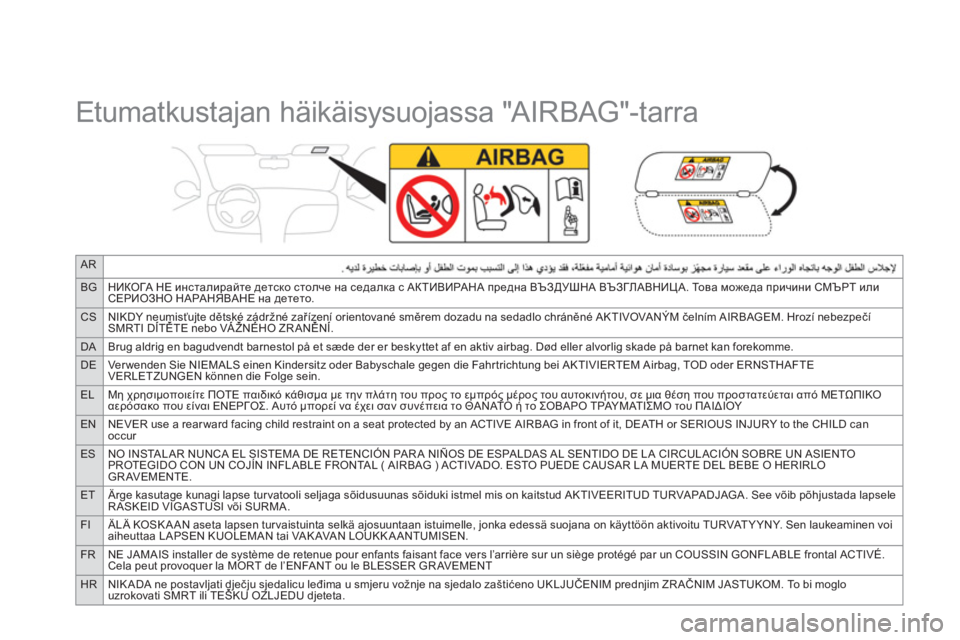 CITROEN DS3 2014  Omistajan Käsikirjat (in Finnish) AR
BGНИКОГА НЕ инсталирайте детско столче на седалка с АКТИВИРАНА предна ВЪЗДУШНА ВЪЗГЛАВНИЦА. То в а можеда пр
