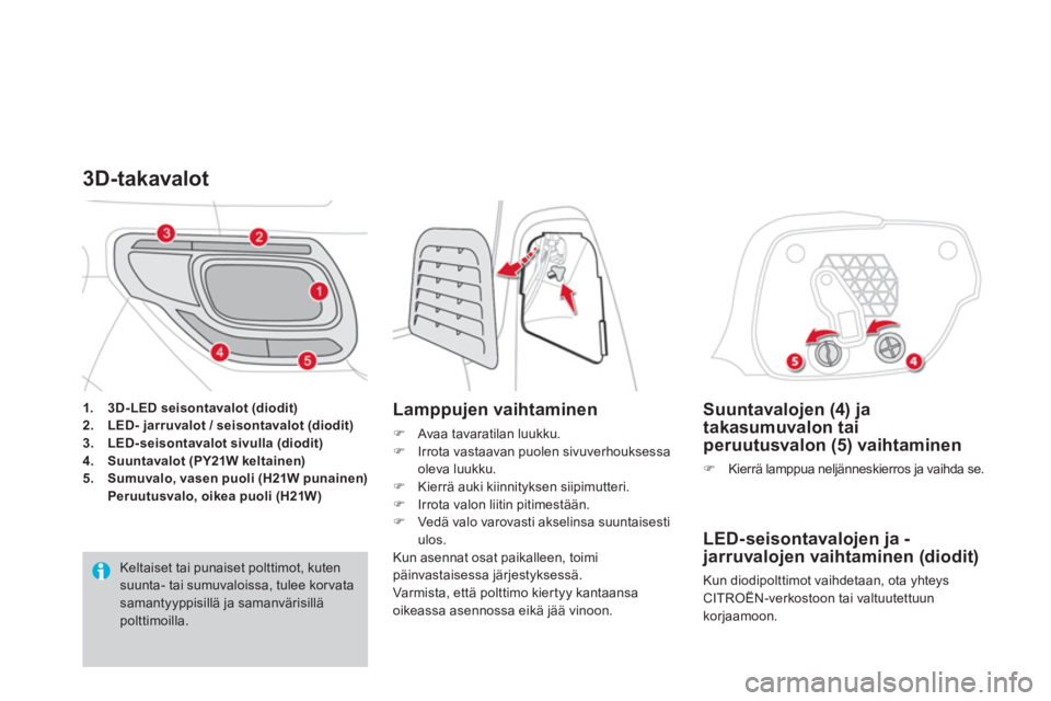 CITROEN DS3 2014  Omistajan Käsikirjat (in Finnish)    
Suuntavalojen (4) jatakasumuvalon tai peruutusvalon (5) vaihtaminen 
�)Kierrä lamppua neljänneskierros ja vaihda se.  
 
 
LED-seisontavalojen ja -jarruvalojen vaihtaminen (diodit) 
 
Kun diodip