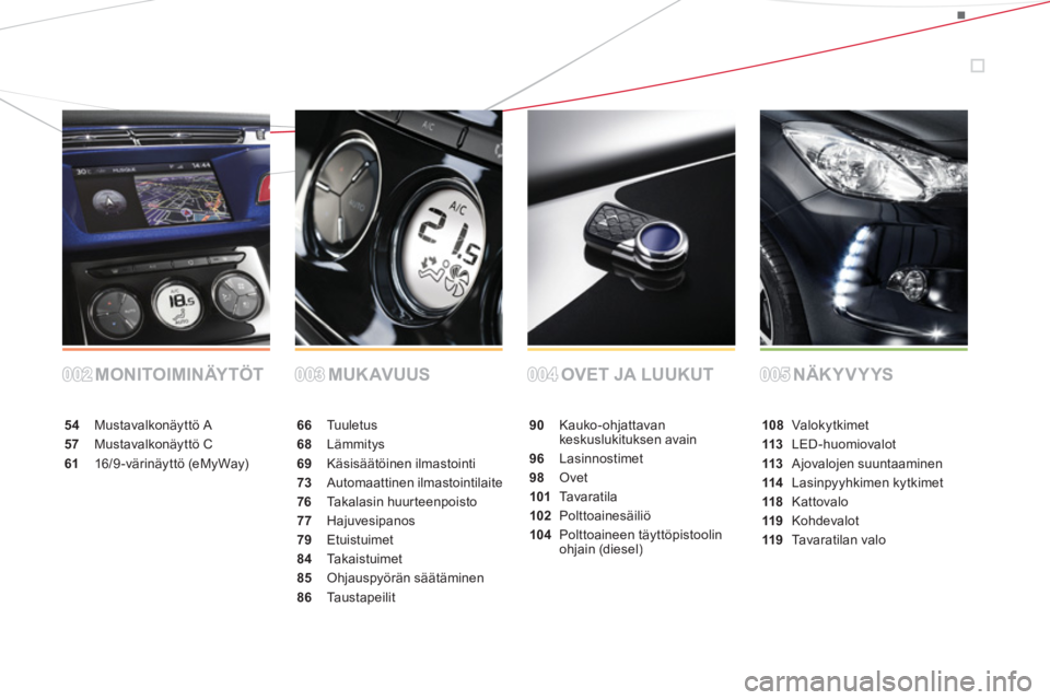 CITROEN DS3 2014  Omistajan Käsikirjat (in Finnish) MONITOIMINÄYTÖT MUK AVUUS OVET JA LUUKUT NÄK Y V Y YS
54 Mustavalkonäyttö A
57 Mustavalkonäyttö C
6116/9-värinäyttö (eMyWay)
66 Tu u l etus
68Lämmitys
69 Käsisäätöinen ilmastointi
73Aut