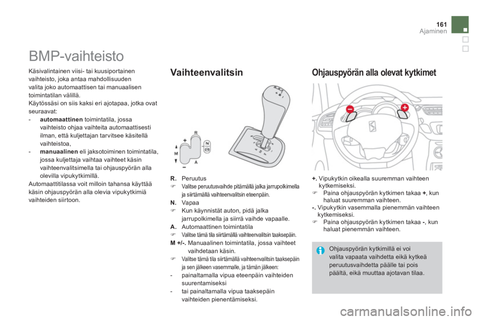 CITROEN DS3 2013  Omistajan Käsikirjat (in Finnish) 161Ajaminen
   
 
 
 
 
 
 
 
 
 
 
 
 
 
BMP-vaihteisto 
R. 
   Peruutus �)Valitse peruutusvaihde pit