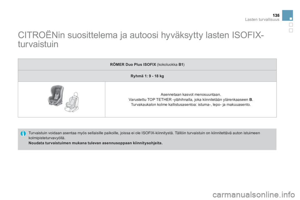 CITROEN DS3 2011  Omistajan Käsikirjat (in Finnish) Lasten turvallisuus
   
 
 
 
 
 
 
 
CITROËNin suosittelema ja autoosi hyväksytty lasten ISOFIX-
turvaistuin 
  Tur vaistuin voidaan asentaa myös sellaisille paikoille, joissa ei ole ISOFIX-kiinni
