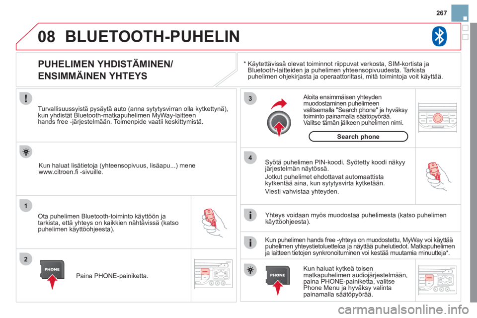 CITROEN DS3 2011  Omistajan Käsikirjat (in Finnish) 08
1
2
3
4
267
BLUETOOTH-PUHELIN
*   
  Käytettävissä olevat toiminnot riippuvat verkosta, SIM-kortista ja Bluetooth-laitteiden ja puhelimen yhteensopivuudesta. Tarkista 
puhelimen ohjekirjasta ja 