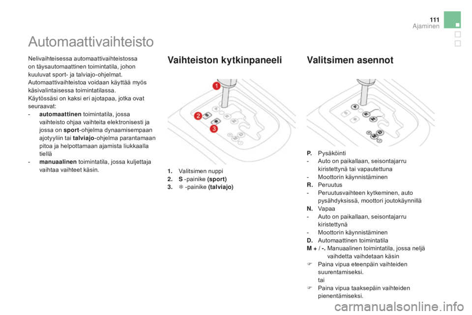 CITROEN DS3 CABRIO 2017 Omistajan Käsikirjat (in Finnish) 111
DS3_fi_Chap04_conduite_ed02-2015
Nelivaihteisessa automaattivaihteistossa
on täysautomaattinen toimintatila, johon
kuuluvat sport- ja talviajo-ohjelmat.
Automaattivaihteistoa voidaan käyttä CITROEN DS3 CABRIO 2017 Omistajan Käsikirjat (in Finnish) 111
DS3_fi_Chap04_conduite_ed02-2015
Nelivaihteisessa automaattivaihteistossa
on täysautomaattinen toimintatila, johon
kuuluvat sport- ja talviajo-ohjelmat.
Automaattivaihteistoa voidaan käyttä