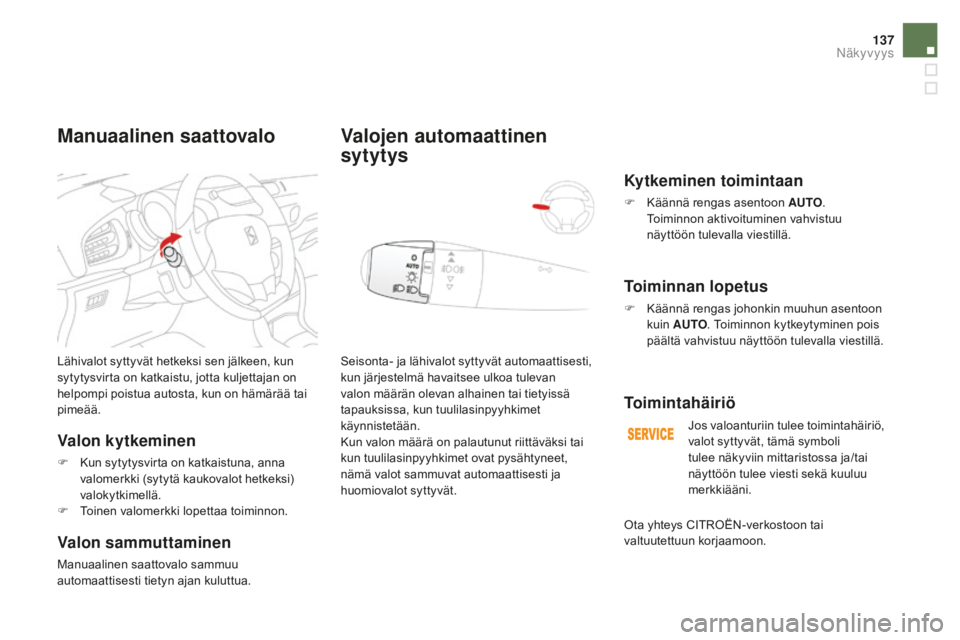 CITROEN DS3 CABRIO 2017 Omistajan Käsikirjat (in Finnish) 137
DS3_fi_Chap05_visibilite_ed02-2015
Lähivalot syttyvät hetkeksi sen jälkeen, kun
sytytysvirta on katkaistu, jotta kuljettajan on
helpompi poistua autosta, kun on hämärää tai
pimeää.
Val CITROEN DS3 CABRIO 2017 Omistajan Käsikirjat (in Finnish) 137
DS3_fi_Chap05_visibilite_ed02-2015
Lähivalot syttyvät hetkeksi sen jälkeen, kun
sytytysvirta on katkaistu, jotta kuljettajan on
helpompi poistua autosta, kun on hämärää tai
pimeää.
Val