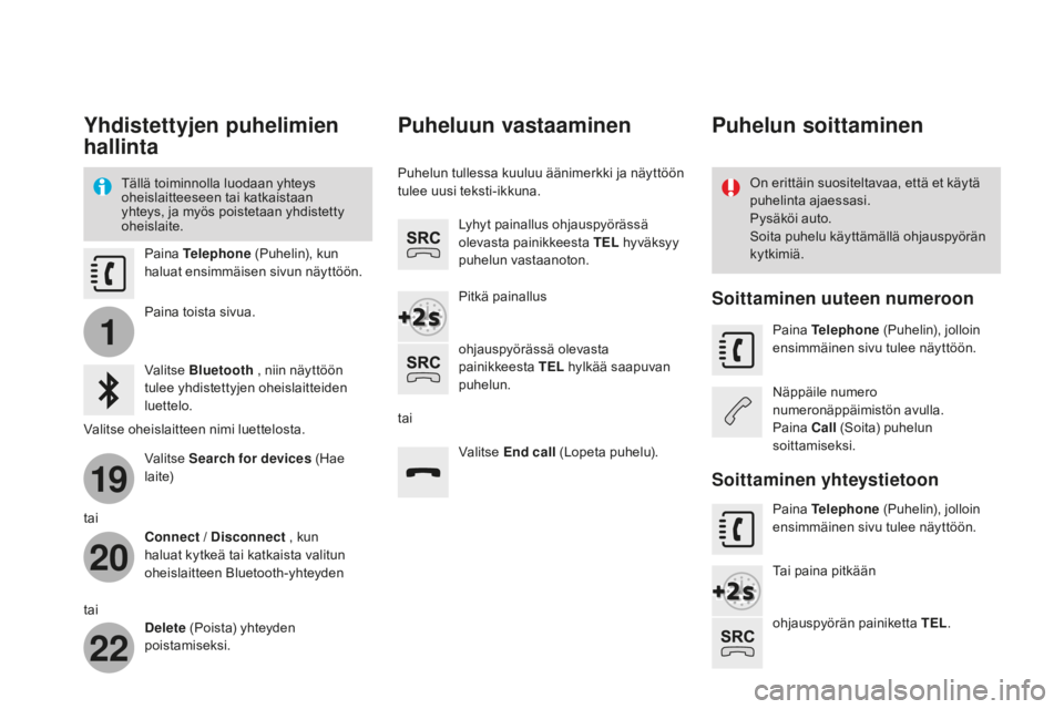 CITROEN DS3 CABRIO 2017 Omistajan Käsikirjat (in Finnish) 1
19
20
22
DS3_fi_Chap11c_SMEGplus_ed02-2015
Yhdistettyjen puhelimien
hallinta
Tällä toiminnolla luodaan yhteys
oheislaitteeseen tai katkaistaan
yhteys, ja myös poistetaan yhdistetty
oheislaite CITROEN DS3 CABRIO 2017 Omistajan Käsikirjat (in Finnish) 1
19
20
22
DS3_fi_Chap11c_SMEGplus_ed02-2015
Yhdistettyjen puhelimien
hallinta
Tällä toiminnolla luodaan yhteys
oheislaitteeseen tai katkaistaan
yhteys, ja myös poistetaan yhdistetty
oheislaite