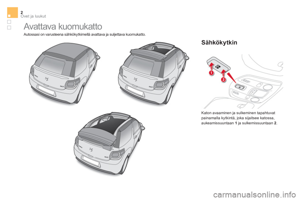 CITROEN DS3 CABRIO 2017  Omistajan Käsikirjat (in Finnish) Ovet ja luukut2
  Avattava kuomukatto 
 
Autossasi on varusteena sähkökytkimellä avattava ja suljettava kuomukatto. 
Katon avaaminen ja sulkeminen tapahtuvat 
painamalla kytkintä, joka sijaitsee k