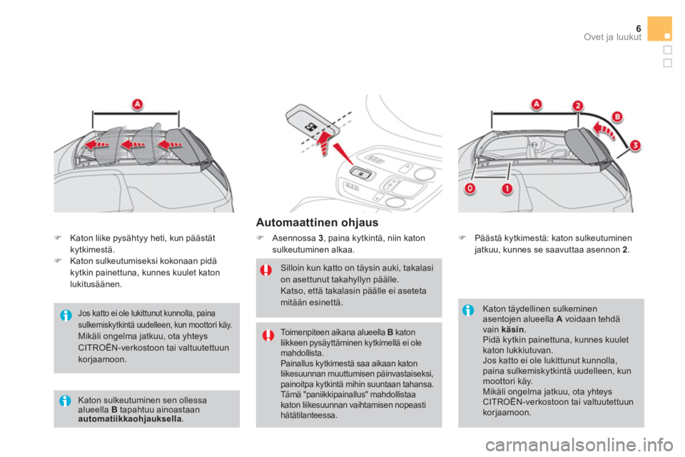 CITROEN DS3 CABRIO 2016  Omistajan Käsikirjat (in Finnish) 6Ovet ja luukut
   
Automaattinen ohjaus 
 
 
 
�) 
 Asennossa  3 
, paina kytkintä, niin katon 
sulkeutuminen alkaa. 
   
Silloin kun katto on täysin auki, takalasi 
on asettunut takahyllyn pääll