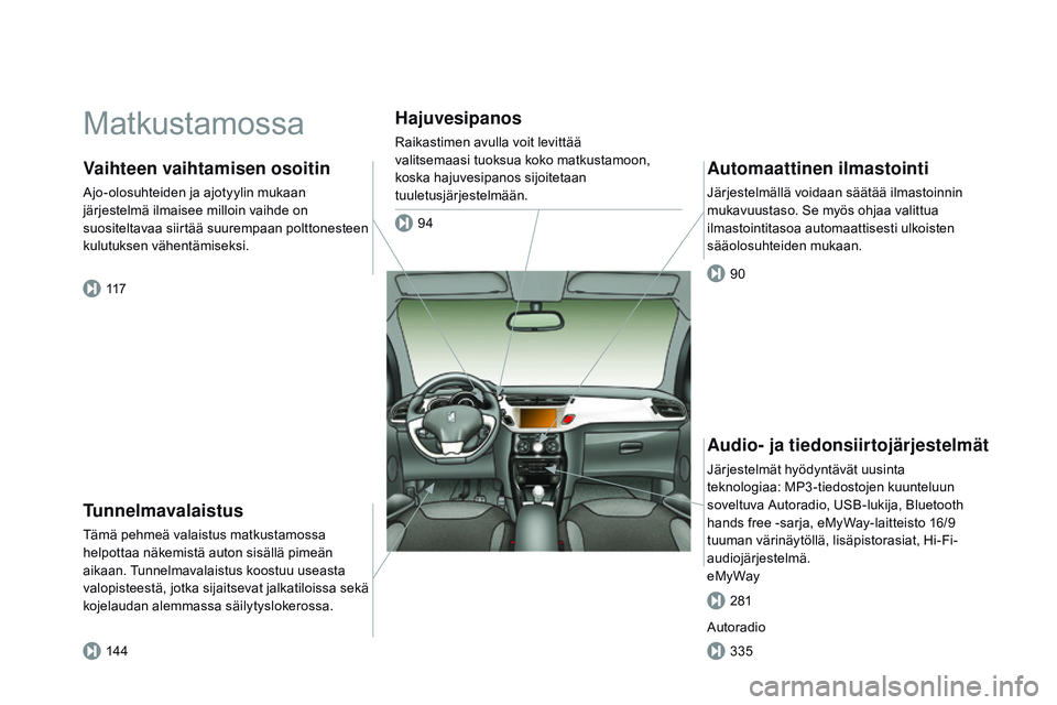 CITROEN DS3 CABRIO 2015 Omistajan Käsikirjat (in Finnish) DS3_fi_Chap00b_vue-ensemble_ed01-2014
Matkustamossa
Tunnelmavalaistus
Tämä pehmeä valaistus matkustamossa
helpottaa näkemistä auton sisällä pimeän
aikaan. Tunnelmavalaistus koostuu useasta
CITROEN DS3 CABRIO 2015 Omistajan Käsikirjat (in Finnish) DS3_fi_Chap00b_vue-ensemble_ed01-2014
Matkustamossa
Tunnelmavalaistus
Tämä pehmeä valaistus matkustamossa
helpottaa näkemistä auton sisällä pimeän
aikaan. Tunnelmavalaistus koostuu useasta