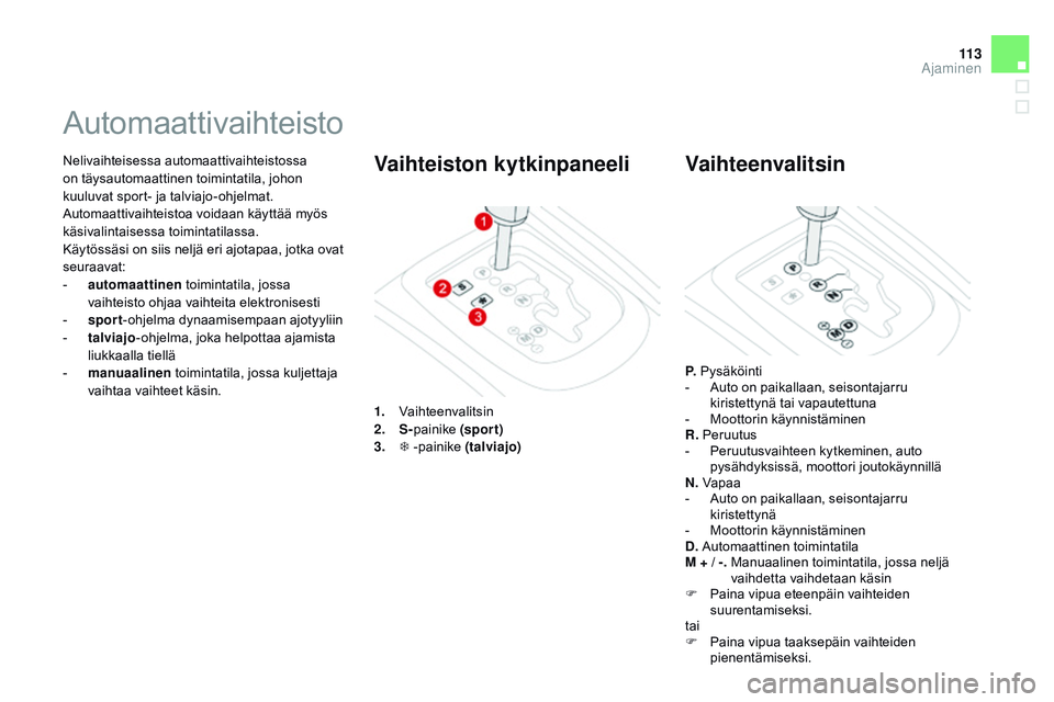 CITROEN DS3 CABRIO 2015 Omistajan Käsikirjat (in Finnish) 11 3
DS3_fi_Chap06_conduite_ed01-2014
Nelivaihteisessa automaattivaihteistossa
on täysautomaattinen toimintatila, johon
kuuluvat sport- ja talviajo-ohjelmat.
Automaattivaihteistoa voidaan käyttä CITROEN DS3 CABRIO 2015 Omistajan Käsikirjat (in Finnish) 11 3
DS3_fi_Chap06_conduite_ed01-2014
Nelivaihteisessa automaattivaihteistossa
on täysautomaattinen toimintatila, johon
kuuluvat sport- ja talviajo-ohjelmat.
Automaattivaihteistoa voidaan käyttä