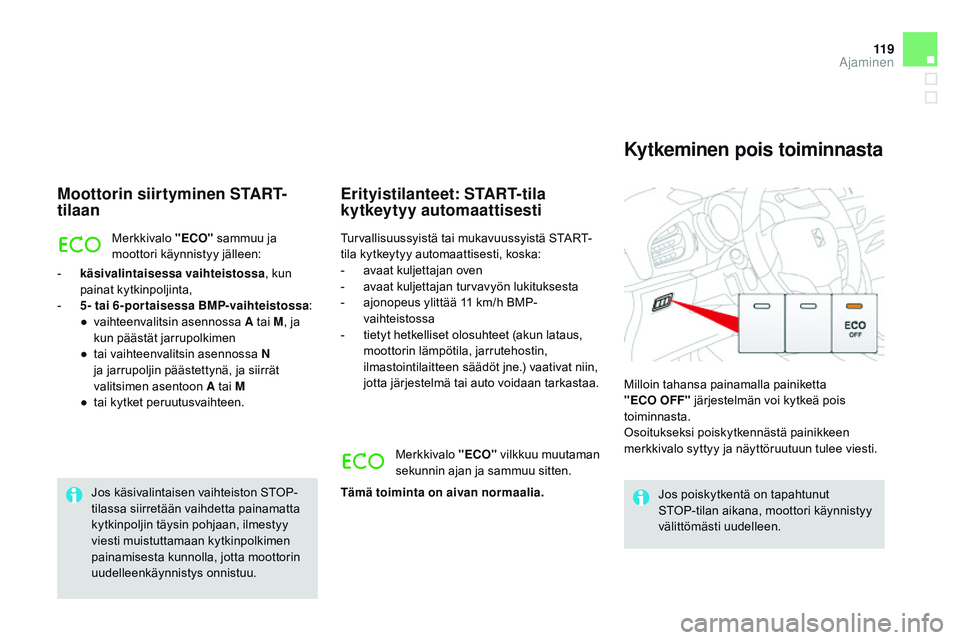 CITROEN DS3 CABRIO 2015 Omistajan Käsikirjat (in Finnish) 11 9
DS3_fi_Chap06_conduite_ed01-2014
Moottorin siirtyminen START-
tilaan
Merkkivalo "ECO" sammuu ja
moottori käynnistyy jälleen:
-
k
äsivalintaisessa vaihteistossa , kun
painat kytkin CITROEN DS3 CABRIO 2015 Omistajan Käsikirjat (in Finnish) 11 9
DS3_fi_Chap06_conduite_ed01-2014
Moottorin siirtyminen START-
tilaan
Merkkivalo "ECO" sammuu ja
moottori käynnistyy jälleen:
-
k
äsivalintaisessa vaihteistossa , kun
painat kytkin