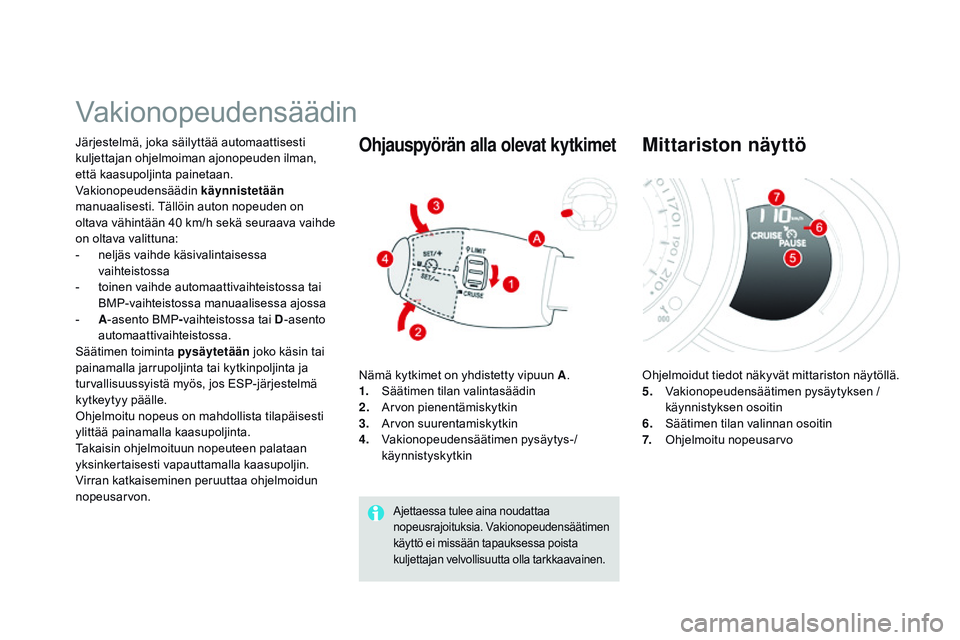 CITROEN DS3 CABRIO 2015 Omistajan Käsikirjat (in Finnish) DS3_fi_Chap06_conduite_ed01-2014
Vakionopeudensäädin
Järjestelmä, joka säilyttää automaattisesti
kuljettajan ohjelmoiman ajonopeuden ilman,
että kaasupoljinta painetaan.
Vakionopeudensäädi CITROEN DS3 CABRIO 2015 Omistajan Käsikirjat (in Finnish) DS3_fi_Chap06_conduite_ed01-2014
Vakionopeudensäädin
Järjestelmä, joka säilyttää automaattisesti
kuljettajan ohjelmoiman ajonopeuden ilman,
että kaasupoljinta painetaan.
Vakionopeudensäädi