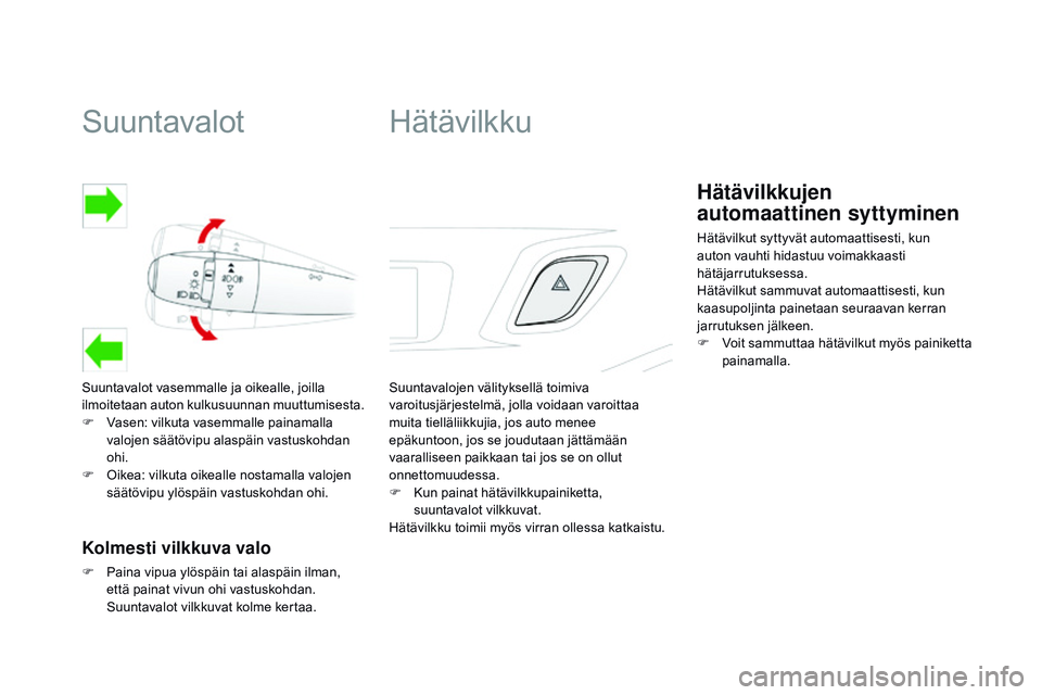 CITROEN DS3 CABRIO 2015 Omistajan Käsikirjat (in Finnish) Suuntavalot
Suuntavalot vasemmalle ja oikealle, joilla
ilmoitetaan auton kulkusuunnan muuttumisesta.
F
V
asen: vilkuta vasemmalle painamalla
valojen säätövipu alaspäin vastuskohdan
ohi.
F
O CITROEN DS3 CABRIO 2015 Omistajan Käsikirjat (in Finnish) Suuntavalot
Suuntavalot vasemmalle ja oikealle, joilla
ilmoitetaan auton kulkusuunnan muuttumisesta.
F
V
asen: vilkuta vasemmalle painamalla
valojen säätövipu alaspäin vastuskohdan
ohi.
F
O