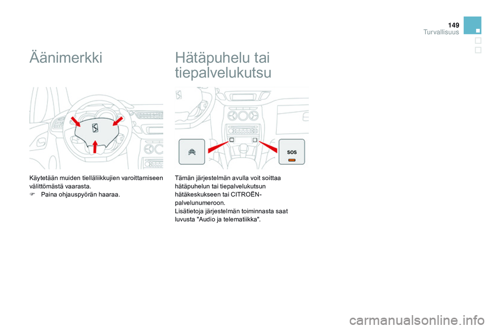 CITROEN DS3 CABRIO 2015 Omistajan Käsikirjat (in Finnish) 149
DS3_fi_Chap08_securite_ed01-2014
Äänimerkki
Käytetään muiden tielläliikkujien varoittamiseen
välittömästä vaarasta.
F
P
aina ohjauspyörän haaraa.
Hätäpuhelu tai
tiepalvelukutsu
T CITROEN DS3 CABRIO 2015 Omistajan Käsikirjat (in Finnish) 149
DS3_fi_Chap08_securite_ed01-2014
Äänimerkki
Käytetään muiden tielläliikkujien varoittamiseen
välittömästä vaarasta.
F
P
aina ohjauspyörän haaraa.
Hätäpuhelu tai
tiepalvelukutsu
T