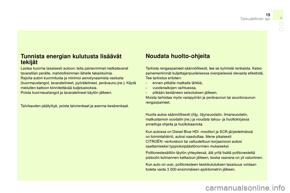 CITROEN DS3 CABRIO 2015 Omistajan Käsikirjat (in Finnish) 15
DS3_fi_Chap00c_eco-conduite_ed01-2014
Tunnista energian kulutusta lisäävät
tekijät
Lastaa kuorma tasaisesti autoon; laita painavimmat matkatavarat
tavaratilan perälle, mahdollisimman lähell CITROEN DS3 CABRIO 2015 Omistajan Käsikirjat (in Finnish) 15
DS3_fi_Chap00c_eco-conduite_ed01-2014
Tunnista energian kulutusta lisäävät
tekijät
Lastaa kuorma tasaisesti autoon; laita painavimmat matkatavarat
tavaratilan perälle, mahdollisimman lähell