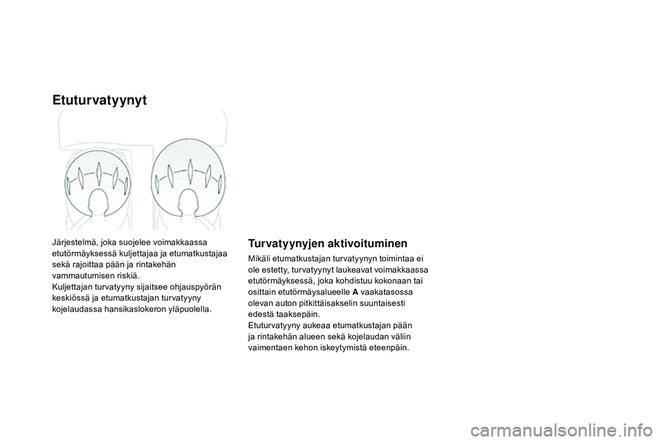 CITROEN DS3 CABRIO 2015  Omistajan Käsikirjat (in Finnish) Etuturvatyynyt
Järjestelmä, joka suojelee voimakkaassa 
etutörmäyksessä kuljettajaa ja etumatkustajaa 
sekä rajoittaa pään ja rintakehän 
vammautumisen riskiä.
Kuljettajan turvatyyny sijaits