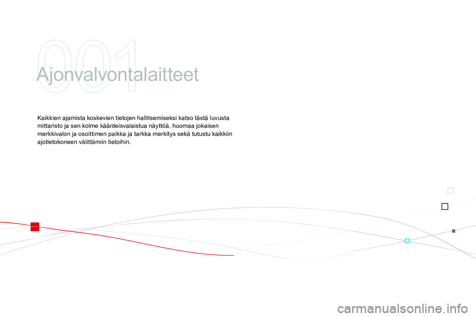 CITROEN DS3 CABRIO 2015 Omistajan Käsikirjat (in Finnish) DS3_fi_Chap01_controle-de-marche_ed01-2014
Ajonvalvontalaitteet
Kaikkien ajamista koskevien tietojen hallitsemiseksi katso tästä luvusta
mittaristo ja sen kolme käänteisvalaistua näyttöä, huom CITROEN DS3 CABRIO 2015 Omistajan Käsikirjat (in Finnish) DS3_fi_Chap01_controle-de-marche_ed01-2014
Ajonvalvontalaitteet
Kaikkien ajamista koskevien tietojen hallitsemiseksi katso tästä luvusta
mittaristo ja sen kolme käänteisvalaistua näyttöä, huom