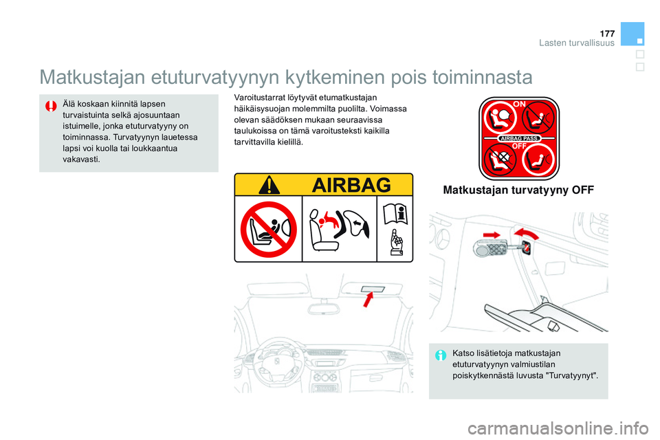 CITROEN DS3 CABRIO 2015  Omistajan Käsikirjat (in Finnish) 177
DS3_fi_Chap09_securite-enfants_ed01-2014
Matkustajan etuturvatyynyn kytkeminen pois toiminnasta
Älä koskaan kiinnitä lapsen 
turvaistuinta selkä ajosuuntaan 
istuimelle, jonka etuturvatyyny on