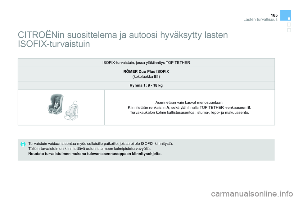 CITROEN DS3 CABRIO 2015  Omistajan Käsikirjat (in Finnish) 185
DS3_fi_Chap09_securite-enfants_ed01-2014
CITROËNin suosittelema ja autoosi hyväksytty lasten  
ISOFIX-turvaistuin
Turvaistuin voidaan asentaa myös sellaisille paikoille, joissa ei ole ISOFIX-ki