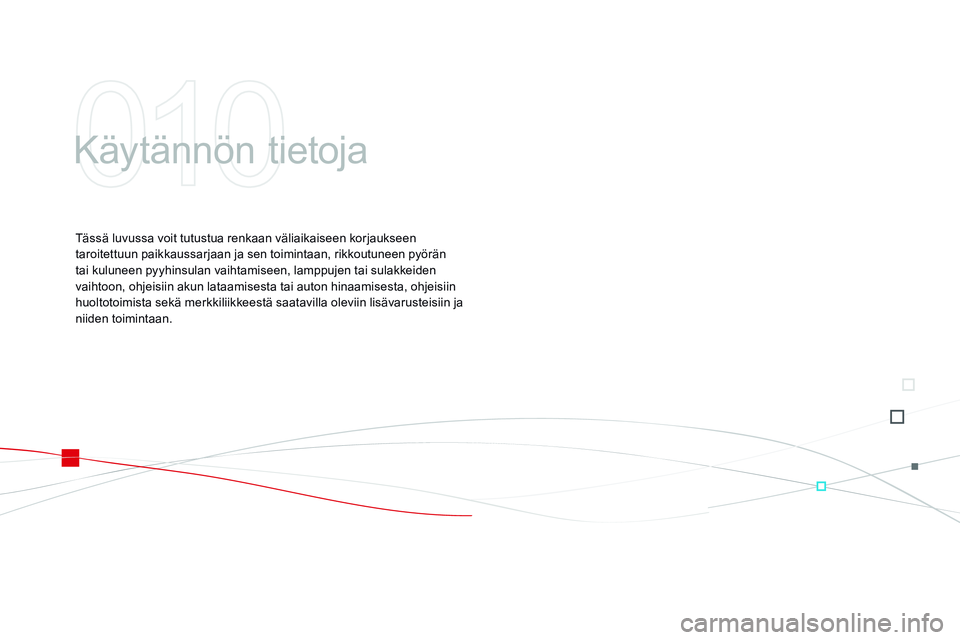CITROEN DS3 CABRIO 2015  Omistajan Käsikirjat (in Finnish) DS3_fi_Chap10_info-pratiques_ed01-2014
Käytännön tietoja
Tässä luvussa voit tutustua renkaan väliaikaiseen korjaukseen 
taroitettuun paikkaussarjaan ja sen toimintaan, rikkoutuneen pyörän 
tai