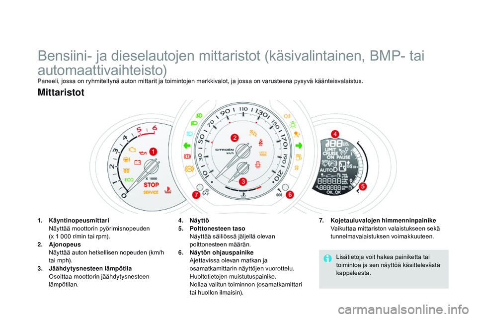 CITROEN DS3 CABRIO 2015 Omistajan Käsikirjat (in Finnish) DS3_fi_Chap01_controle-de-marche_ed01-2014
Bensiini- ja dieselautojen mittaristot (käsivalintainen, BMP- tai
automaattivaihteisto)
Paneeli, jossa on ryhmiteltynä auton mittarit ja toimintojen merkk CITROEN DS3 CABRIO 2015 Omistajan Käsikirjat (in Finnish) DS3_fi_Chap01_controle-de-marche_ed01-2014
Bensiini- ja dieselautojen mittaristot (käsivalintainen, BMP- tai
automaattivaihteisto)
Paneeli, jossa on ryhmiteltynä auton mittarit ja toimintojen merkk
