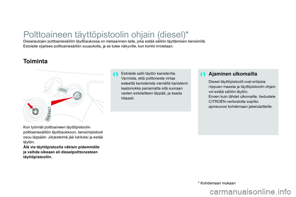CITROEN DS3 CABRIO 2015 Omistajan Käsikirjat (in Finnish) DS3_fi_Chap10_info-pratiques_ed01-2014
* Kohdemaan mukaan
Polttoaineen täyttöpistoolin ohjain (diesel)*Dieselautojen polttoainesäiliön täyttöaukossa on mekaaninen laite, joka estää säiliön t CITROEN DS3 CABRIO 2015 Omistajan Käsikirjat (in Finnish) DS3_fi_Chap10_info-pratiques_ed01-2014
* Kohdemaan mukaan
Polttoaineen täyttöpistoolin ohjain (diesel)*Dieselautojen polttoainesäiliön täyttöaukossa on mekaaninen laite, joka estää säiliön t