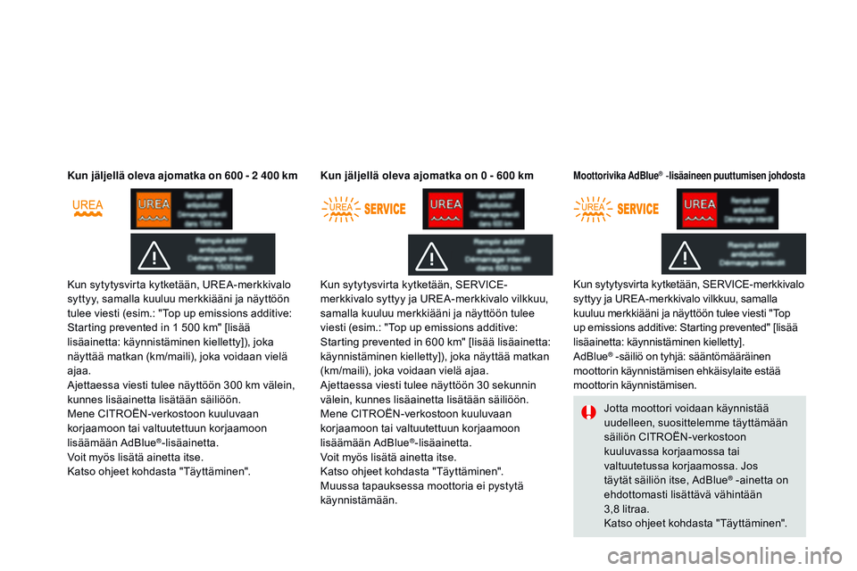 CITROEN DS3 CABRIO 2015 Omistajan Käsikirjat (in Finnish) DS3_fi_Chap10_info-pratiques_ed01-2014
Kun jäljellä oleva ajomatka on 600 - 2 400 km
Kun sytytysvirta kytketään, UREA-merkkivalo
syttyy, samalla kuuluu merkkiääni ja näyttöön
tulee viesti ( CITROEN DS3 CABRIO 2015 Omistajan Käsikirjat (in Finnish) DS3_fi_Chap10_info-pratiques_ed01-2014
Kun jäljellä oleva ajomatka on 600 - 2 400 km
Kun sytytysvirta kytketään, UREA-merkkivalo
syttyy, samalla kuuluu merkkiääni ja näyttöön
tulee viesti (