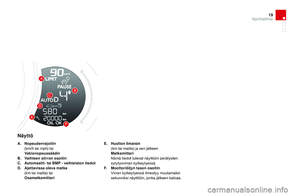 CITROEN DS3 CABRIO 2015 Omistajan Käsikirjat (in Finnish) 19
DS3_fi_Chap01_controle-de-marche_ed01-2014
Näyttö
E. Huollon ilmaisin (
km tai mailia) ja sen jälkeen
M
atkamittari
N
ämä tiedot tulevat näyttöön perätysten
sytytysvirran kytkeyty CITROEN DS3 CABRIO 2015 Omistajan Käsikirjat (in Finnish) 19
DS3_fi_Chap01_controle-de-marche_ed01-2014
Näyttö
E. Huollon ilmaisin (
km tai mailia) ja sen jälkeen
M
atkamittari
N
ämä tiedot tulevat näyttöön perätysten
sytytysvirran kytkeyty