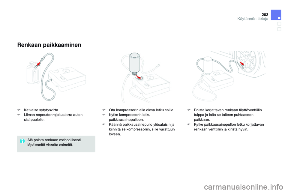 CITROEN DS3 CABRIO 2015 Omistajan Käsikirjat (in Finnish) 203
DS3_fi_Chap10_info-pratiques_ed01-2014
F Katkaise sytytysvirta.
F L iimaa nopeudenrajoitustarra auton
sisäpuolelle.
Renkaan paikkaaminen
Älä poista renkaan mahdollisesti
läpäisseitä vierai CITROEN DS3 CABRIO 2015 Omistajan Käsikirjat (in Finnish) 203
DS3_fi_Chap10_info-pratiques_ed01-2014
F Katkaise sytytysvirta.
F L iimaa nopeudenrajoitustarra auton
sisäpuolelle.
Renkaan paikkaaminen
Älä poista renkaan mahdollisesti
läpäisseitä vierai