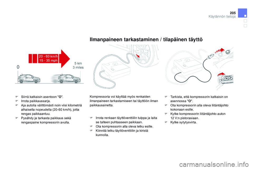CITROEN DS3 CABRIO 2015 Omistajan Käsikirjat (in Finnish) 205
DS3_fi_Chap10_info-pratiques_ed01-2014
F Siirrä katkaisin asentoon "O".
F I rrota paikkaussarja.
F
A
ja autolla välittömästi noin viisi kilometriä
alhaisella nopeudella (20 - 60 CITROEN DS3 CABRIO 2015 Omistajan Käsikirjat (in Finnish) 205
DS3_fi_Chap10_info-pratiques_ed01-2014
F Siirrä katkaisin asentoon "O".
F I rrota paikkaussarja.
F
A
ja autolla välittömästi noin viisi kilometriä
alhaisella nopeudella (20 - 60