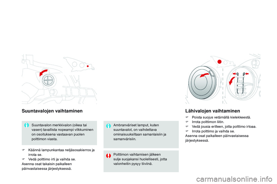 CITROEN DS3 CABRIO 2015  Omistajan Käsikirjat (in Finnish) DS3_fi_Chap10_info-pratiques_ed01-2014
Suuntavalojen vaihtaminen
Suuntavalon merkkivalon (oikea tai 
vasen) tavallista nopeampi vilkkuminen 
on osoituksena vastaavan puolen 
polttimon viasta.
F
 
K

