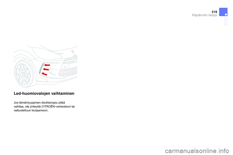 CITROEN DS3 CABRIO 2015 Omistajan Käsikirjat (in Finnish) 219
DS3_fi_Chap10_info-pratiques_ed01-2014
Led-huomiovalojen vaihtaminen
Jos tämäntyyppinen diodilamppu pitää
vaihtaa, ota yhteyttä CITROËN-verkostoon tai
valtuutettuun korjaamoon.
Käytännö CITROEN DS3 CABRIO 2015 Omistajan Käsikirjat (in Finnish) 219
DS3_fi_Chap10_info-pratiques_ed01-2014
Led-huomiovalojen vaihtaminen
Jos tämäntyyppinen diodilamppu pitää
vaihtaa, ota yhteyttä CITROËN-verkostoon tai
valtuutettuun korjaamoon.
Käytännö