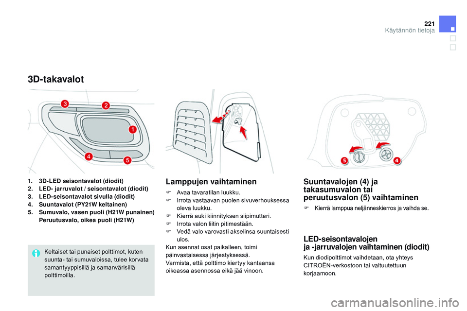 CITROEN DS3 CABRIO 2015 Omistajan Käsikirjat (in Finnish) 221
DS3_fi_Chap10_info-pratiques_ed01-2014
Suuntavalojen (4) ja
takasumuvalon tai
peruutusvalon
(5) vaihtaminen
F Kierrä lamppua neljänneskierros ja vaihda se.
LEd-seisontavalojen
ja -jarruval CITROEN DS3 CABRIO 2015 Omistajan Käsikirjat (in Finnish) 221
DS3_fi_Chap10_info-pratiques_ed01-2014
Suuntavalojen (4) ja
takasumuvalon tai
peruutusvalon
(5) vaihtaminen
F Kierrä lamppua neljänneskierros ja vaihda se.
LEd-seisontavalojen
ja -jarruval