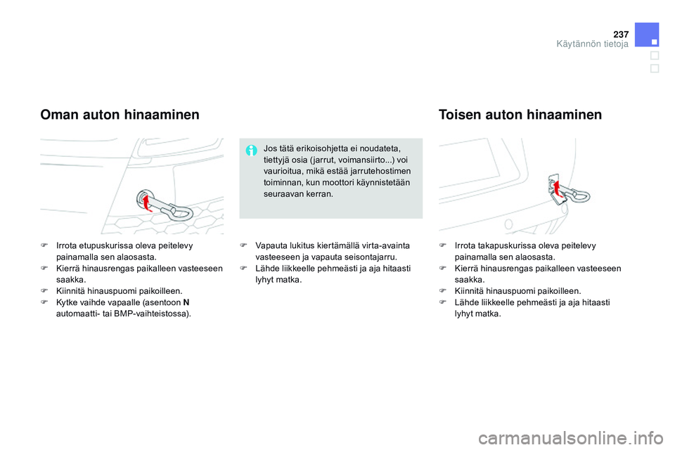 CITROEN DS3 CABRIO 2015  Omistajan Käsikirjat (in Finnish) 237
DS3_fi_Chap10_info-pratiques_ed01-2014
F Irrota etupuskurissa oleva peitelevy painamalla sen alaosasta.
F
 
K
 ierrä hinausrengas paikalleen vasteeseen 
saakka.
F
 
K
 iinnitä hinauspuomi paikoi