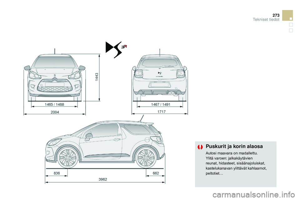 CITROEN DS3 CABRIO 2015  Omistajan Käsikirjat (in Finnish) 273
DS3_fi_Chap12_caracteristiques_ed01-2014
puskurit ja korin alaosa
Autosi maavara on madallettu.
Ylitä varoen: jalkakäytävien 
reunat, hidasteet, sisäänajoluiskat, 
kastelukanavan ylittävät 