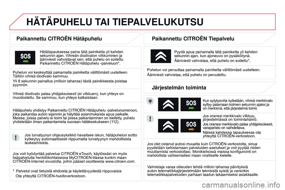 CITROEN DS3 CABRIO 2015  Omistajan Käsikirjat (in Finnish) DS3_fi_Chap13a_BTA_ed01-2014
HÄTÄpUHELU TAI TIEpALVELUKUTSU
paikannettu CITROËN  Hätäpuhelu
Hätätapauksessa paina tätä painiketta yli kahden 
sekunnin ajan. Vihreän diodivalon vilkkuminen ja