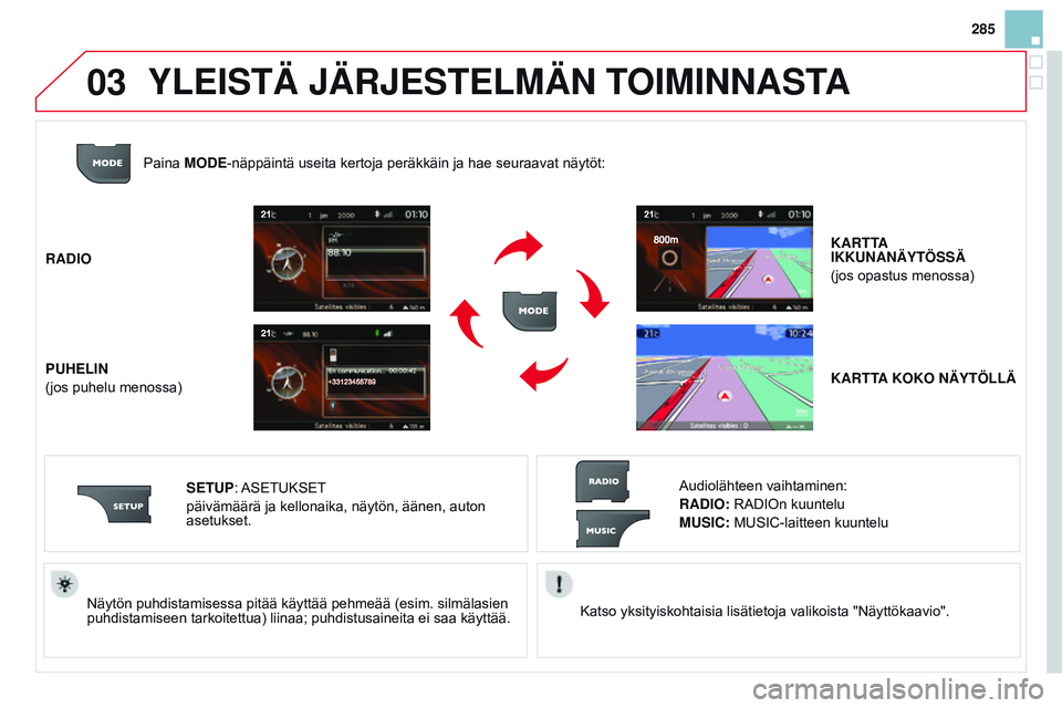 CITROEN DS3 CABRIO 2015  Omistajan Käsikirjat (in Finnish) 03
285
DS3_fi_Chap13b_RT6-2-8_ed01-2014
Katso yksityiskohtaisia lisätietoja valikoista "Näyttökaavio".
Näytön puhdistamisessa pitää käyttää pehmeää (esim. silmälasien 
puhdistamis